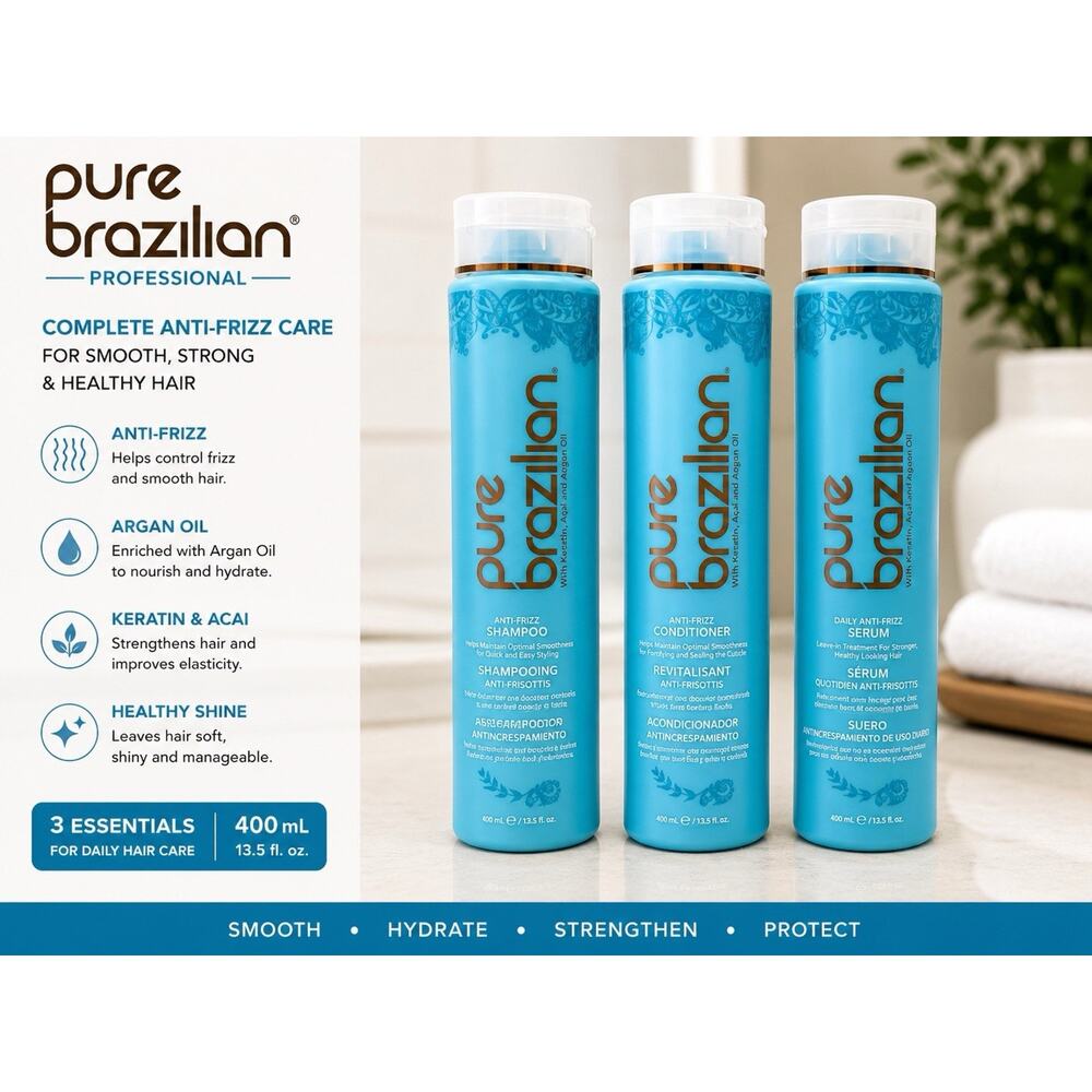 Pure Brazilian Anti-Frizz Shampoo Conditioner Serum Set 13.5 fl oz 3 Pack